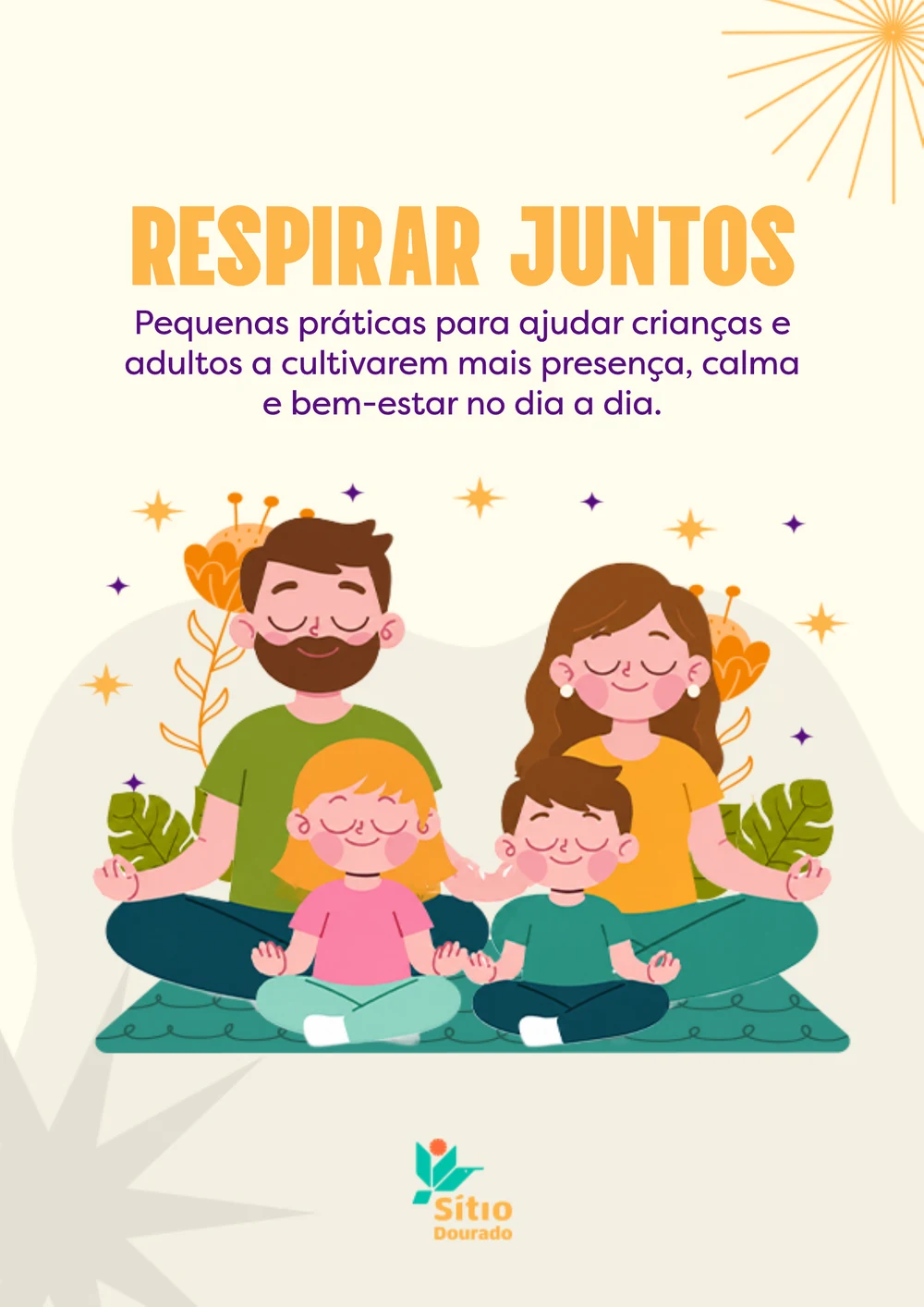Capa do e-book Respirar Juntos, com uma família sentada respirando junta